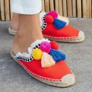 Soludos® Frayed-Edge Red Pom-Pom Mules Flats
